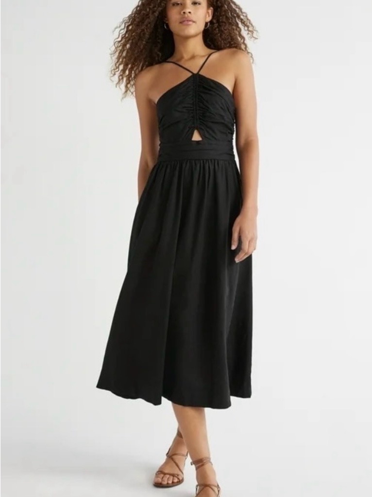 Ruched Black Strappy Midi Dress - Women